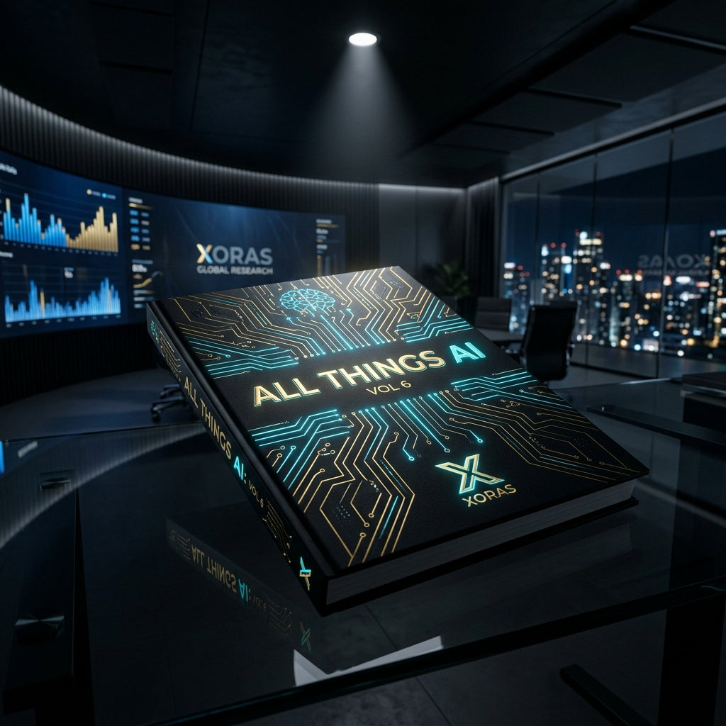 Futuristic book titled 'All Things AI' on a reflective surface with cityscape background