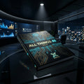 Futuristic book titled 'All Things AI' on a reflective surface with cityscape background